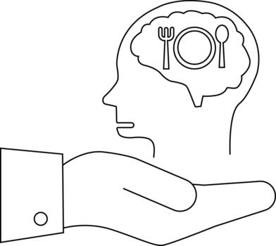 Line art displays a head with food icons inside resting on an open hand with a suit cuff vector