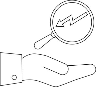 Magnifying glass with a zigzag arrow over an open hand focusing on a business analysis concept vector