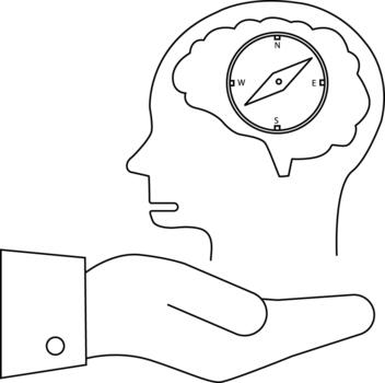 A line drawing shows a brain with a compass inside held by a hand wearing a suit vector