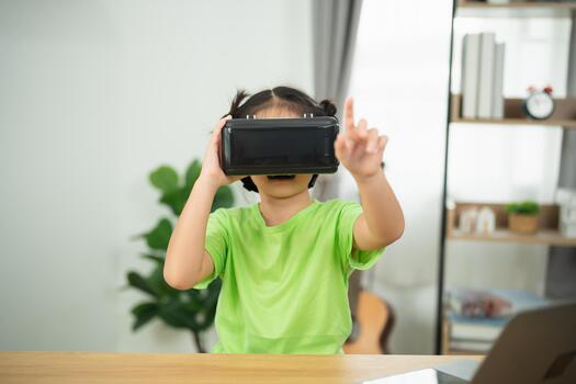 Engaged Child Using Virtual Reality Headset Indoors with Excitement and Curiosity in a Modern Home Environment photo