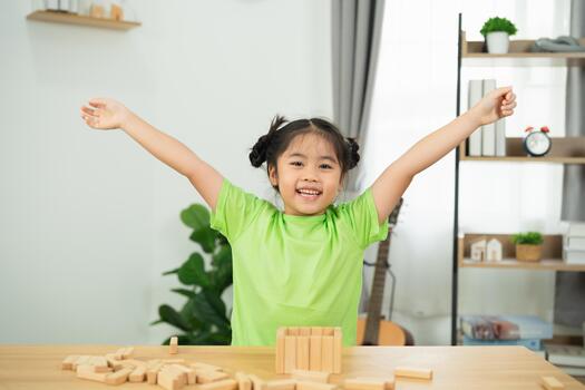 contento niño jugando con de madera bloques en acogedor interior ambiente, comprometido en creativo aprendizaje y desarrollo actividades, brillante y alegre atmósfera foto