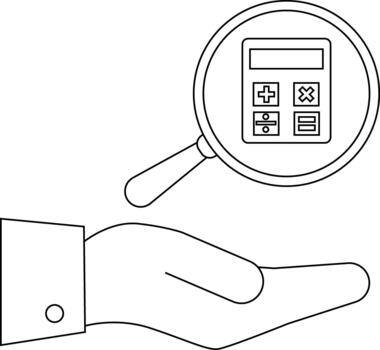 A hand holds a magnifying glass zooming in on a calculator with math symbols vector