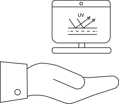 Hand holding a monitor depicting UV rays being reflected by a surface vector