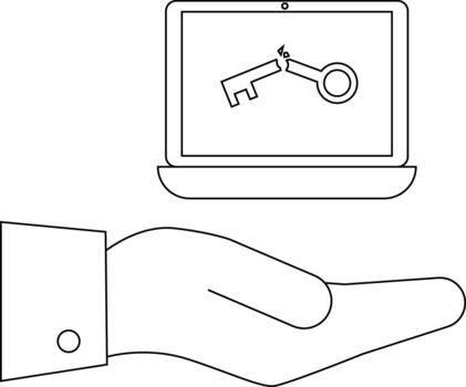 A hand supports a laptop with a broken key icon on its screen vector