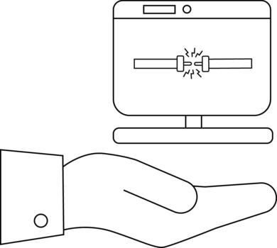 Hand holding a broken computer displaying an error on screen with a slider vector