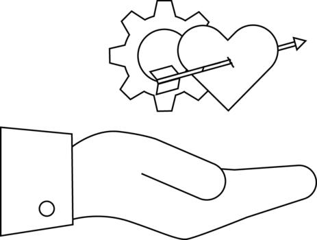 A hand holds a gear and heart pierced by an arrow represented in a simple line drawing vector