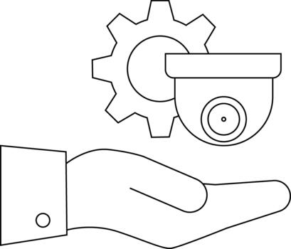 A hand supports a surveillance camera intersecting with a gear The scene is depicted in a simple lineart style vector