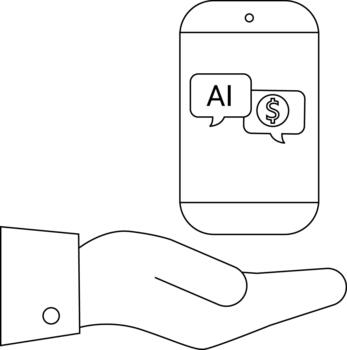 Line art shows a hand holding a phone displaying AI and a dollar sign in speech bubbles vector