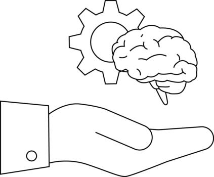 A hand holds a brain connected to a gear all rendered in simple line art vector