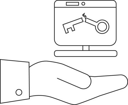 A hand under a computer monitor with a broken key displayed on its screen vector