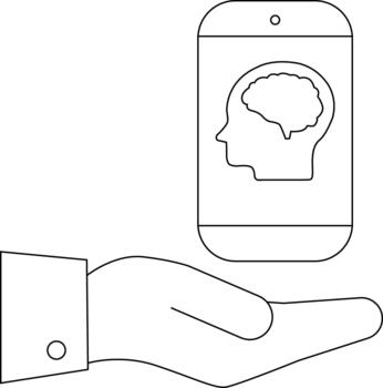 A hand holds a phone displaying a brain in silhouette vector