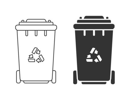 Trash bins with recycle symbols, outline and flat style vector