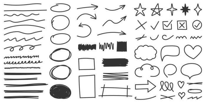 Hand drawn scribble lines, circles, arrows, stars, speech bubbles and other shapes vector