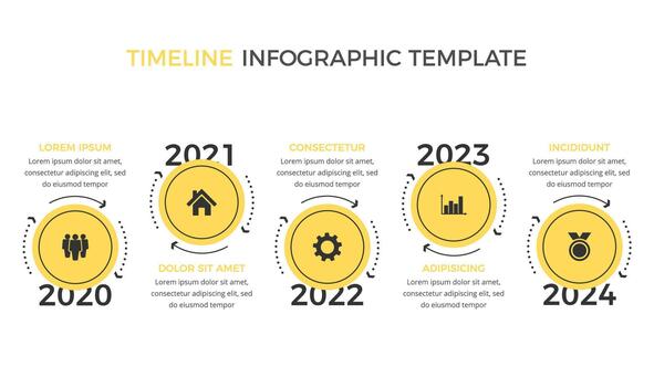 Timeline infographics template with five yellow circles with place for your icons vector
