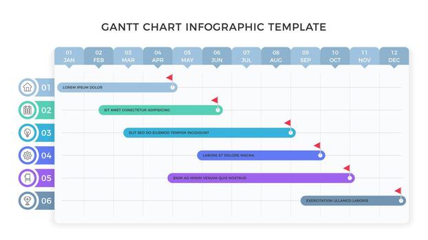 Gantt chart template, project plan with 6 tasks, timeline infographic template vector