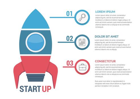 StartUp infographics with rocket divided on three elements with icons, numbers and text vector