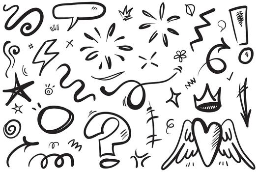 Sketch line elements set. Abstract decorative graphic icon set. Heart, crown, arrow. Graffiti sketch, hand-drawn line elements for brushes, abstract decorative design. Object illustrations. vector