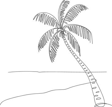 Single line drawing of a leaning palm tree on a beach vector