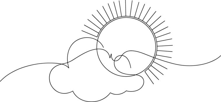 Single line drawing of sun and clouds line art simple vector
