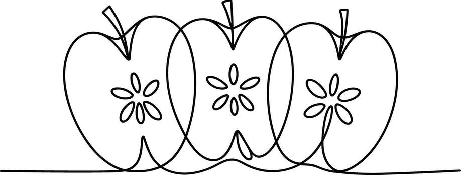 Three sliced apples in a continuous line drawing style vector