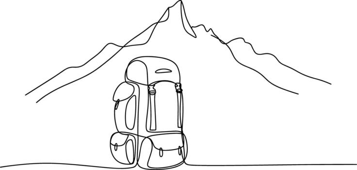 mochila y montaña rango continuo línea dibujo vector