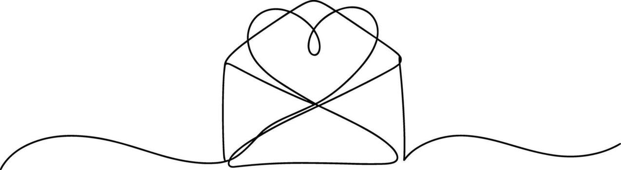 Single line drawing of an open envelope with a heart shape vector