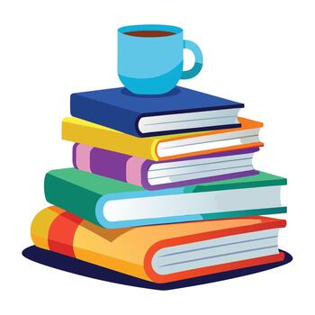 apilar de vistoso libros con café taza leyendo vector
