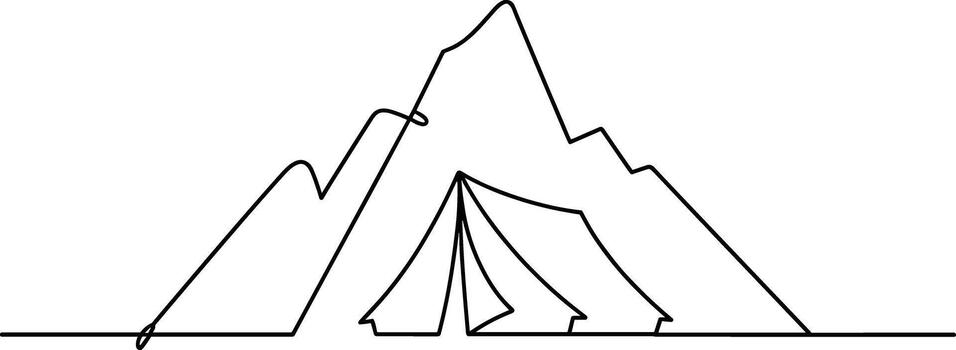 Black outline of a tent in front of jagged mountains vector
