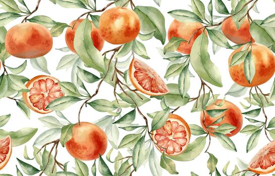 Watercolor oranges and green leaves pattern vector