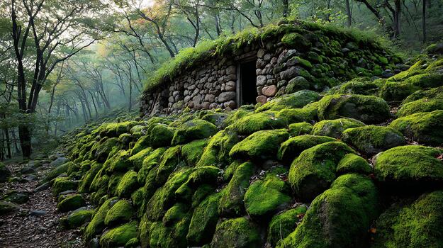 Ancient Moss Covered Stone Structure Hidden Deep Within a Misty Forest photo