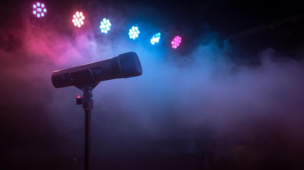 Spotlight on an empty stage with a microphone and colorful fog. photo