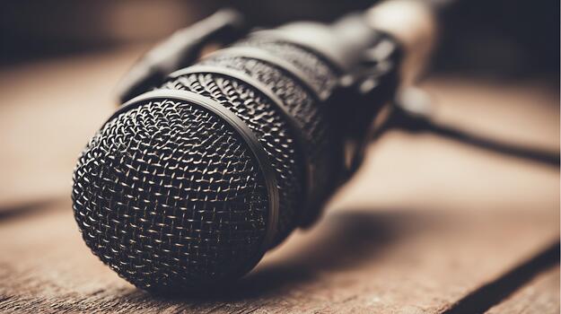 Classic microphone on a rustic wooden surface, ready for sound photo