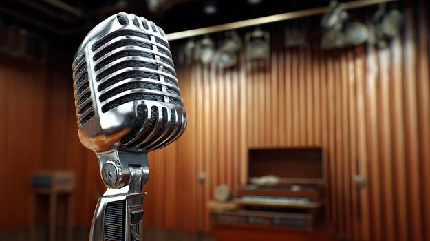 Vintage Microphone on Stage Ready for a Performance or Recording photo