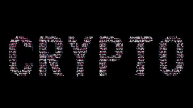 Digital Crypto Letters Binary Code Art of Finance and Technology. photo