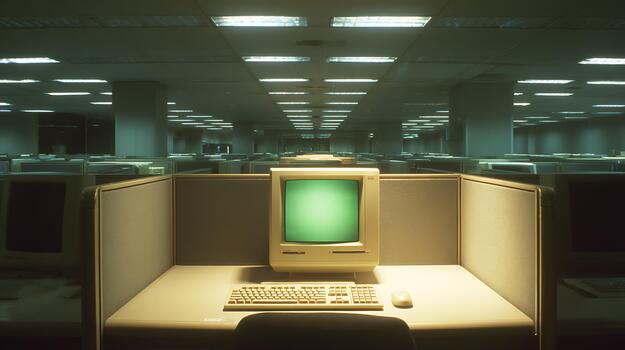 Rows of vintage computers glowing in an empty office space. photo