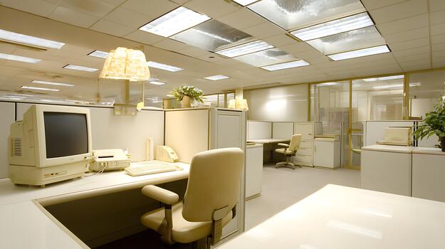 Retro Office Cubicle With Old Computer And Desk Setup photo