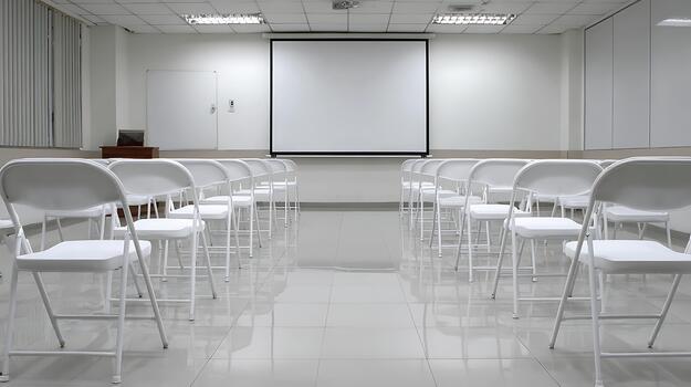 Empty Classroom with Projector Screen and Rows of Chairs Ready for Learning. photo