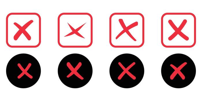 A collection of modern red X symbols in flat design. Includes filled and outlined versions representing error, close, delete, cancel, or wrong actions. Perfect for apps, and websites. vector