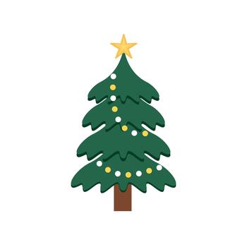 Festive Flat Christmas Tree with Star and Lights. Winter Tree Decor with Ambient Lamp Light. Holiday Tree with Soft Lamp Glow vector