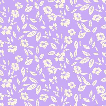 Seamless floral pattern with scattered cream blossoms and leaves on a soft lavender background. Minimal, elegant botanical design for textiles, stationery, and decor vector