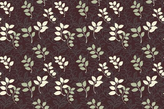 Seamless botanical pattern featuring hand drawn leaf branches in soft cream and sage tones on a deep brown background. Elegant, organic and for textiles, packaging and decor vector