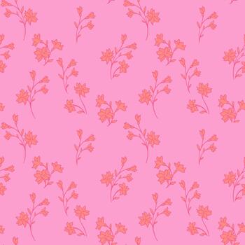 seamless floral pattern with delicate minimal bloom branches and small blossoms on a bright pink background. Soft outlines and elegant stems create a light, feminine decorative design vector