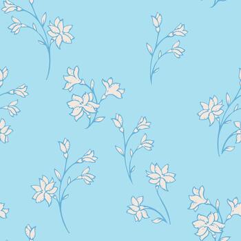 Minimal seamless floral pattern with delicate white blossoms and fine blue outlines on a soft sky blue background. Light, airy botanical branches create a clean and elegant design vector