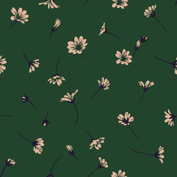 Seamless pattern with small hand drawn daisy buds scattered across a deep green background. Playful floral elements create a modern, minimal and organic botanical design vector
