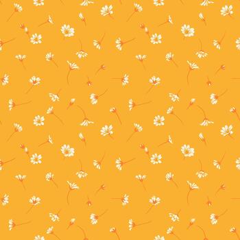 Seamless pattern with scattered tiny daisy like flowers and delicate buds on a warm yellow background. Playful, light floral design for fabric, packaging, and stationery vector