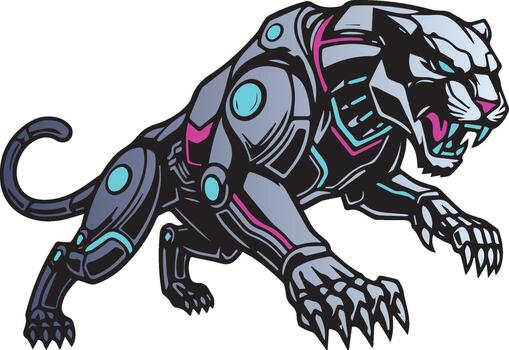 Cybernetic panther with robotic armor and glowing details illustration vector