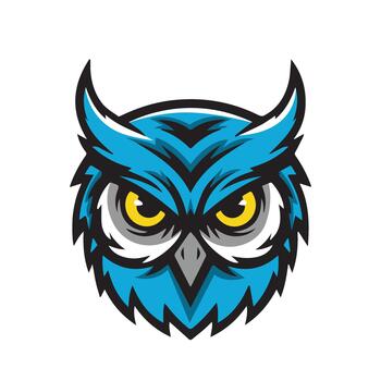 Blue owl head with sharp eyes and fierce expression illustration vector