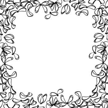 Elegant tied ribbon bows arranged symmetrically in square outline. Thin string loops, whimsical shapes. frame illustration hand drawn in ink. Festive invitation, wedding card, holiday border. vector