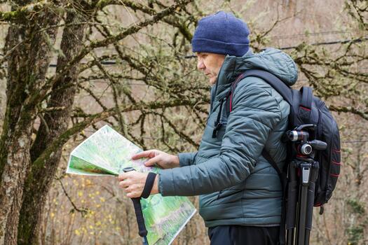 Exploring nature with a map in hand, a hiker pauses in a quiet forest trail while analyzing the lush surroundings during a chilly autumn afternoon photo