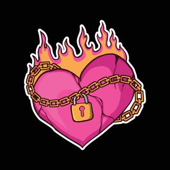 Flaming Heart with Padlock and Chain Graffiti Style vector
